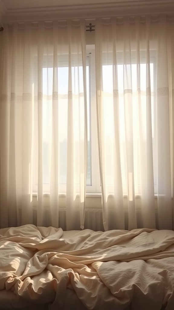 A soft, sunlit scene of a bedroom with sheer curtains and a rumpled bed.