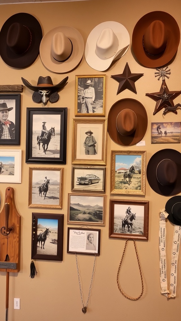 A rustic wall featuring cowboy hats, framed photographs of western scenes, and decorative star motifs.