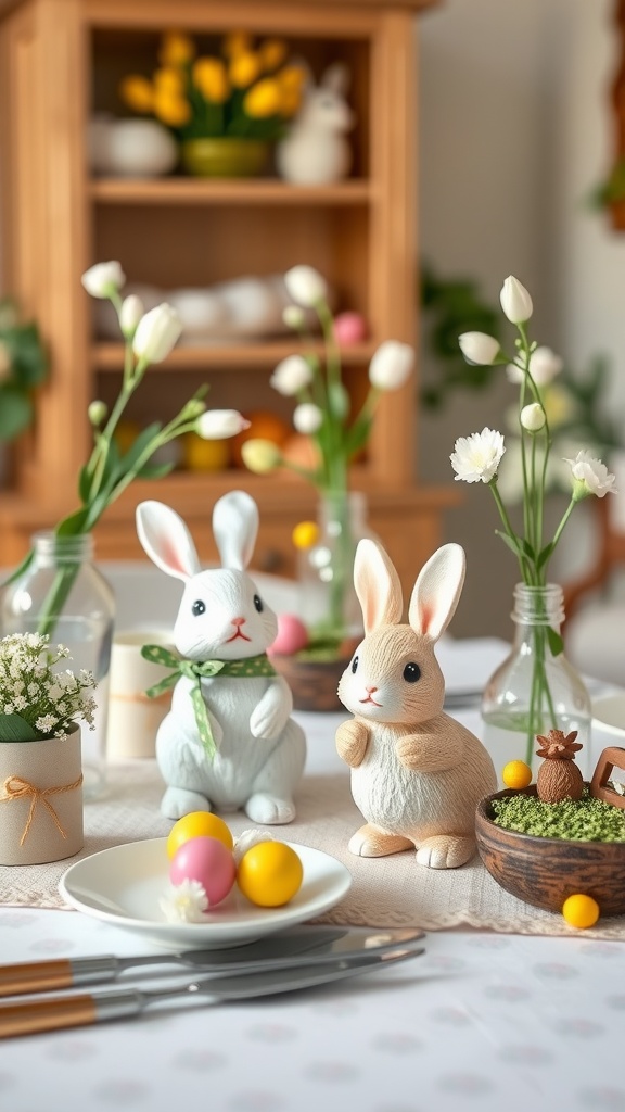 A spring table setup featuring two cute bunny figurines, colorful eggs, and fresh flowers.