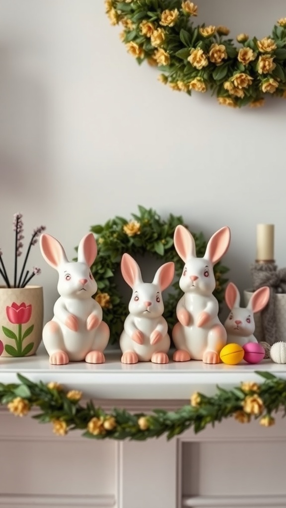 A display of whimsical bunny figurines on a mantle with a floral wreath and colorful accents.