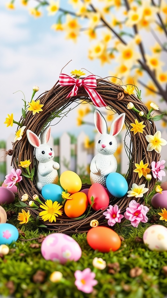 A whimsical bunny wreath with colorful eggs and flowers, perfect for Easter decoration.