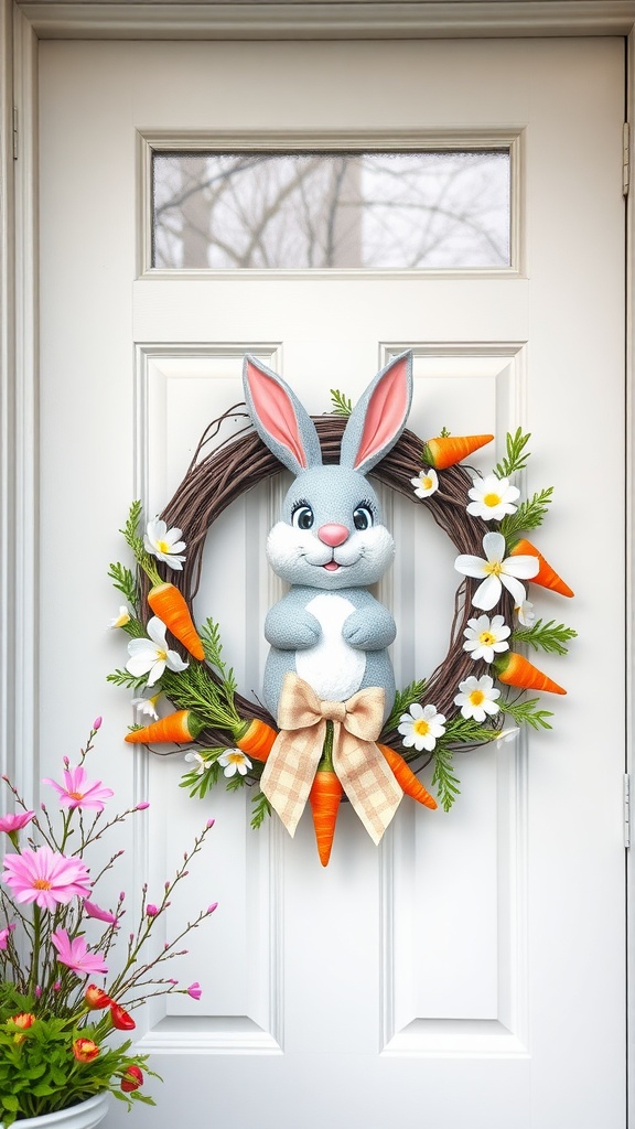 A whimsical bunny wreath with a gray bunny, orange carrots, and white daisies hanging on a door.