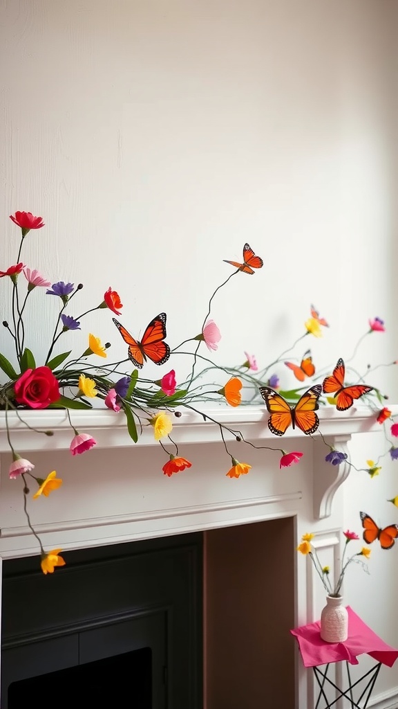 A spring garland with colorful flowers and orange butterflies on a white mantle.