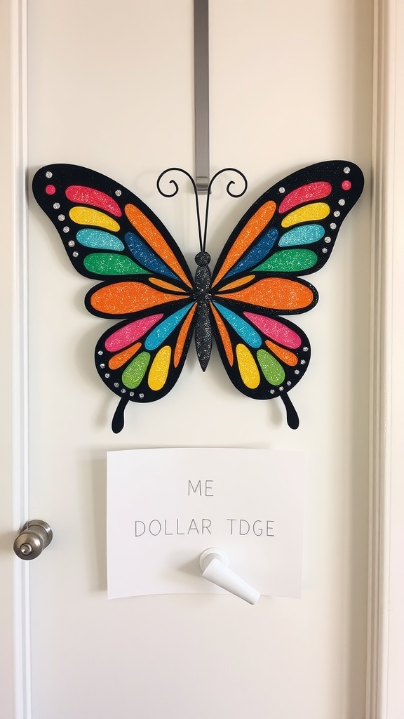 Colorful butterfly door hanger with a playful sign underneath.