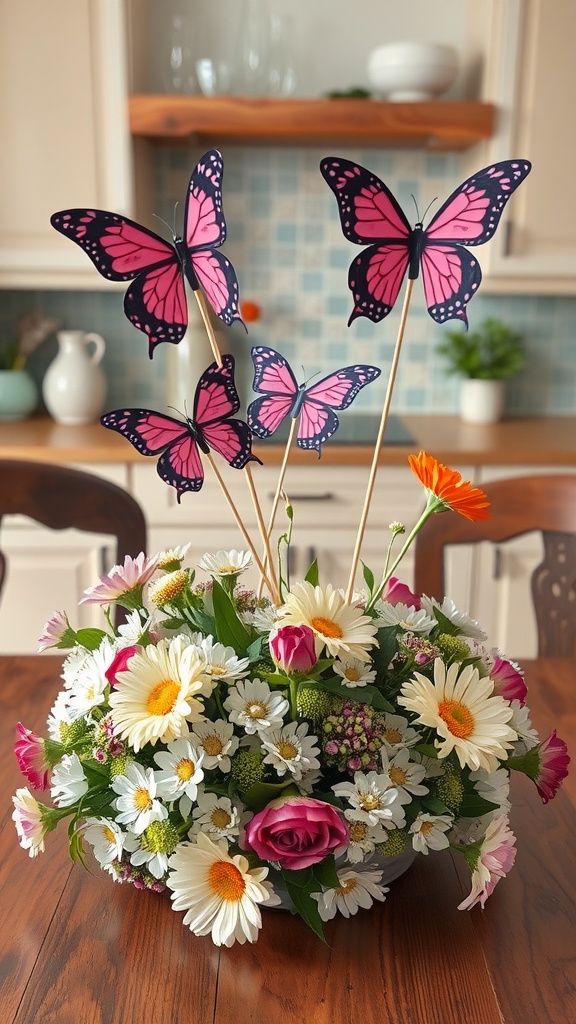 A colorful spring centerpiece with flowers and whimsical butterfly decorations on a kitchen table.