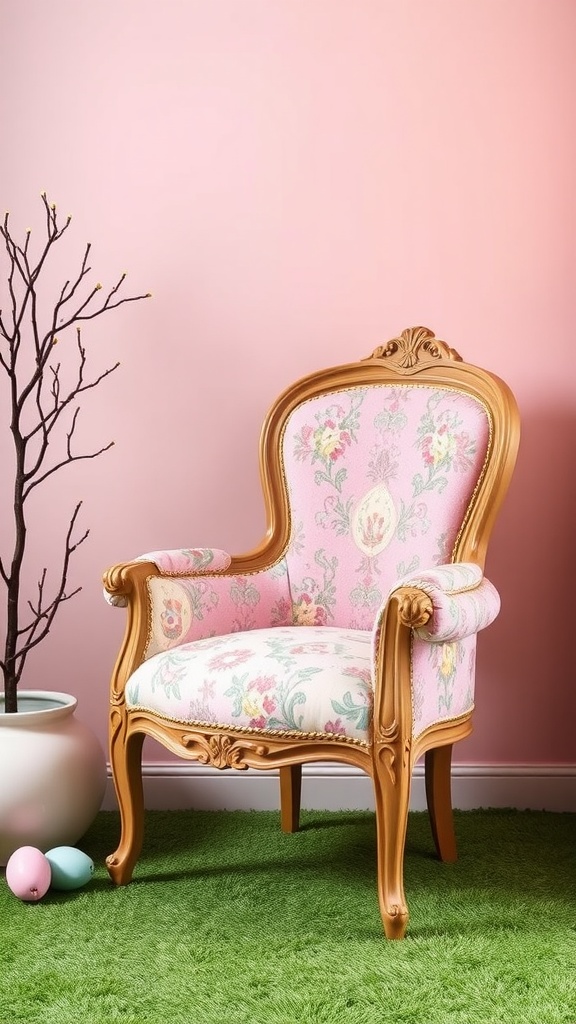 A whimsical chair with pink floral upholstery in a living room decorated for Easter.