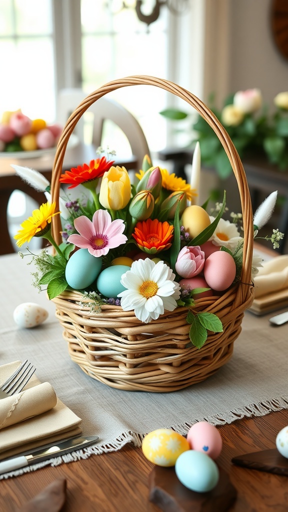 A woven basket filled with colorful eggs and flowers, perfect for an Easter centerpiece.