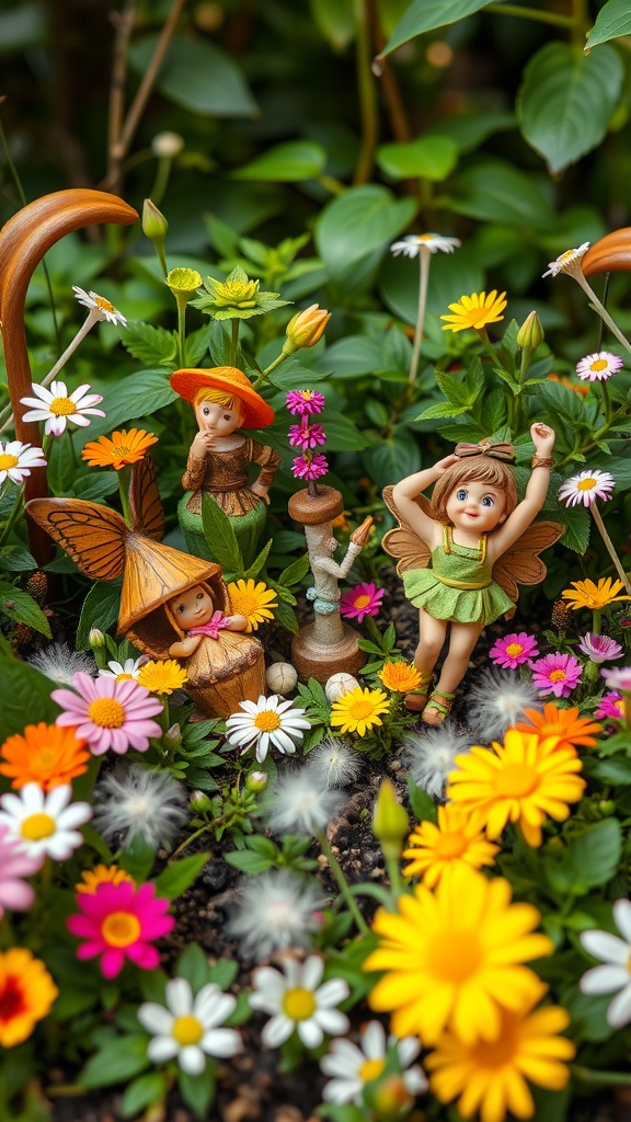 A colorful fairy garden with figurines and flowers, showcasing a whimsical outdoor scene.