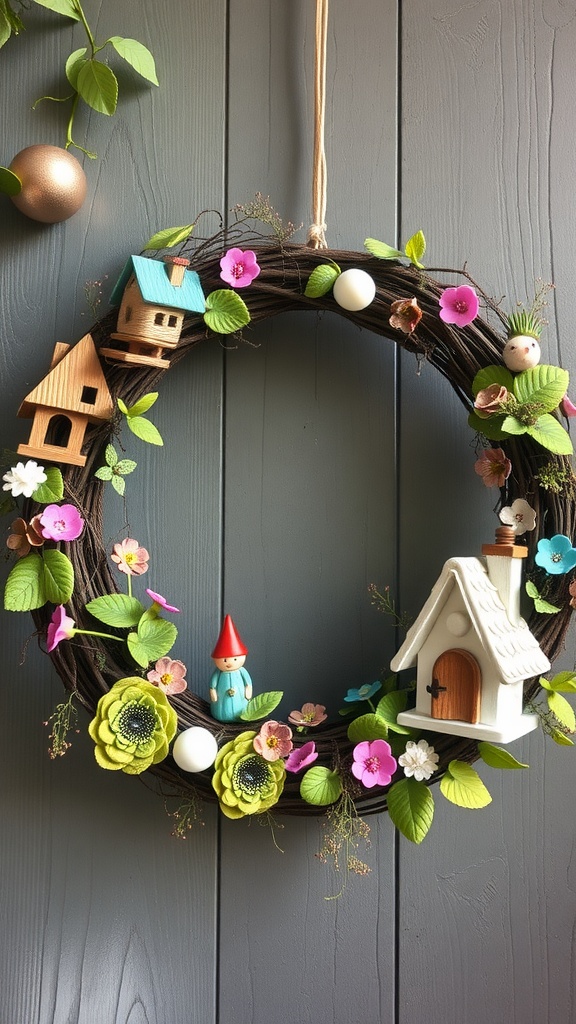 A whimsical fairy garden wreath featuring colorful flowers, tiny wooden houses, a gnome, and a small white house.