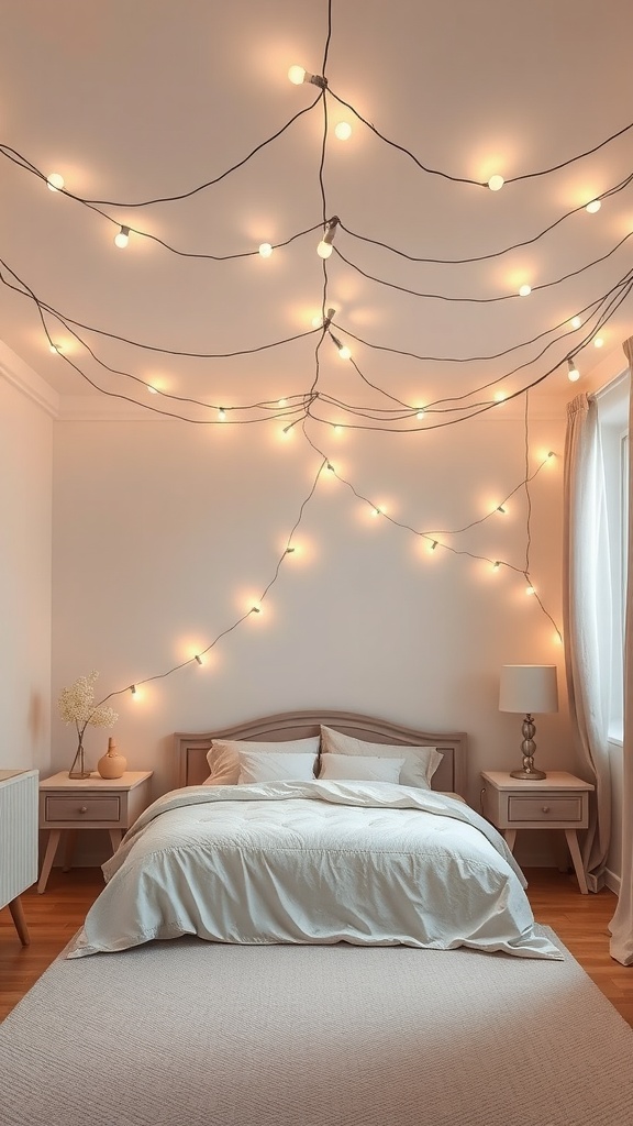 A cozy bedroom with warm fairy lights hanging on the wall, a neatly made bed, and soft furnishings.