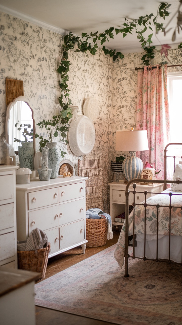 Shabby chic bedroom with floral wallpaper, ivy decor, and vintage furniture