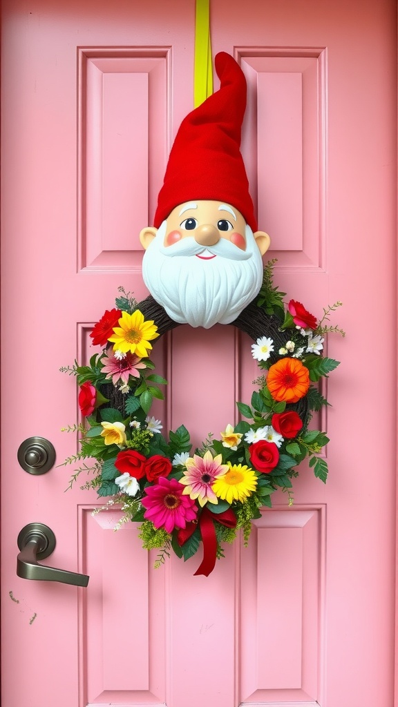 A whimsical garden gnome wreath with colorful flowers on a pink door