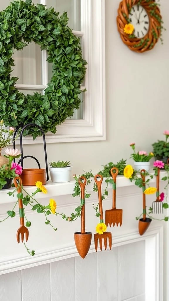 A spring mantel decorated with a green wreath, colorful flowers, potted plants, and hanging miniature gardening tools.