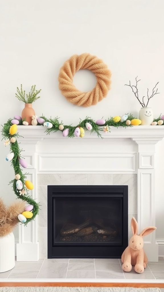 Easter mantel with whimsical garland featuring colorful eggs, a textured wreath, and a plush bunny