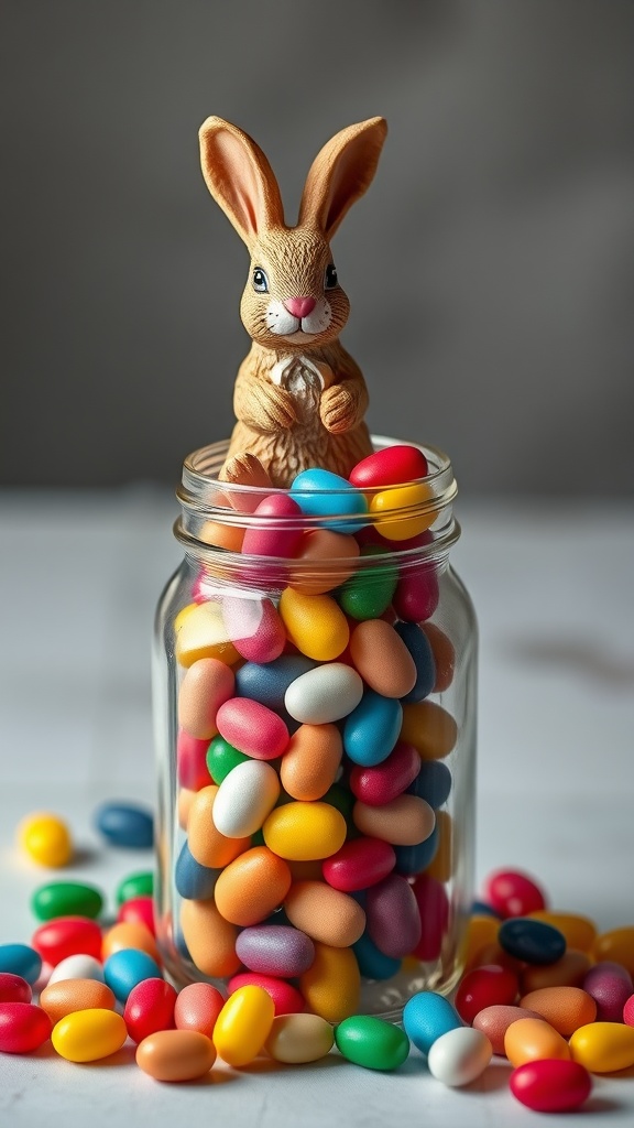 A whimsical mason jar filled with colorful candy-coated eggs topped with a bunny figurine.