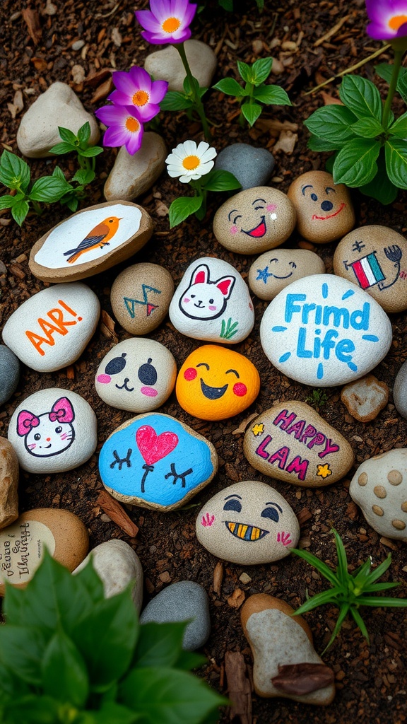 A collection of painted garden stones featuring cheerful faces, animals, and phrases, surrounded by flowers and greenery.