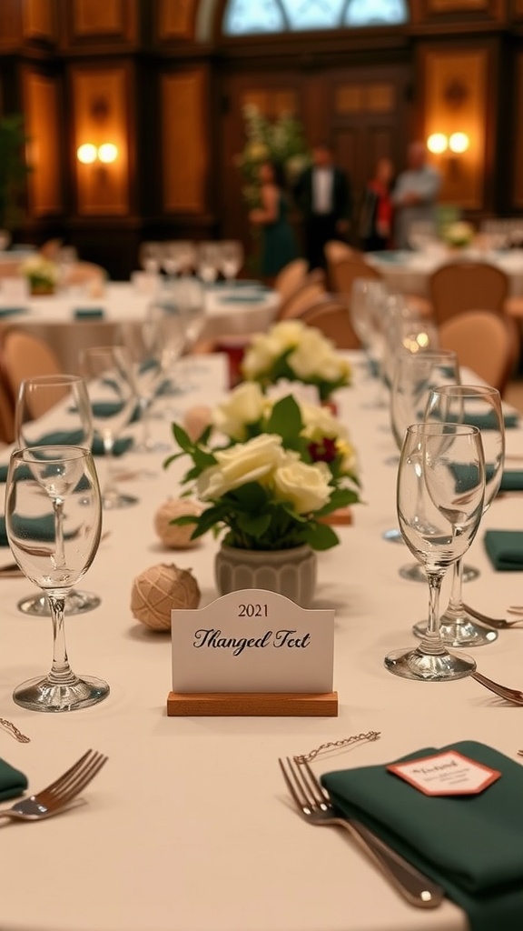 A beautifully set dinner table featuring elegant place cards and a floral centerpiece.