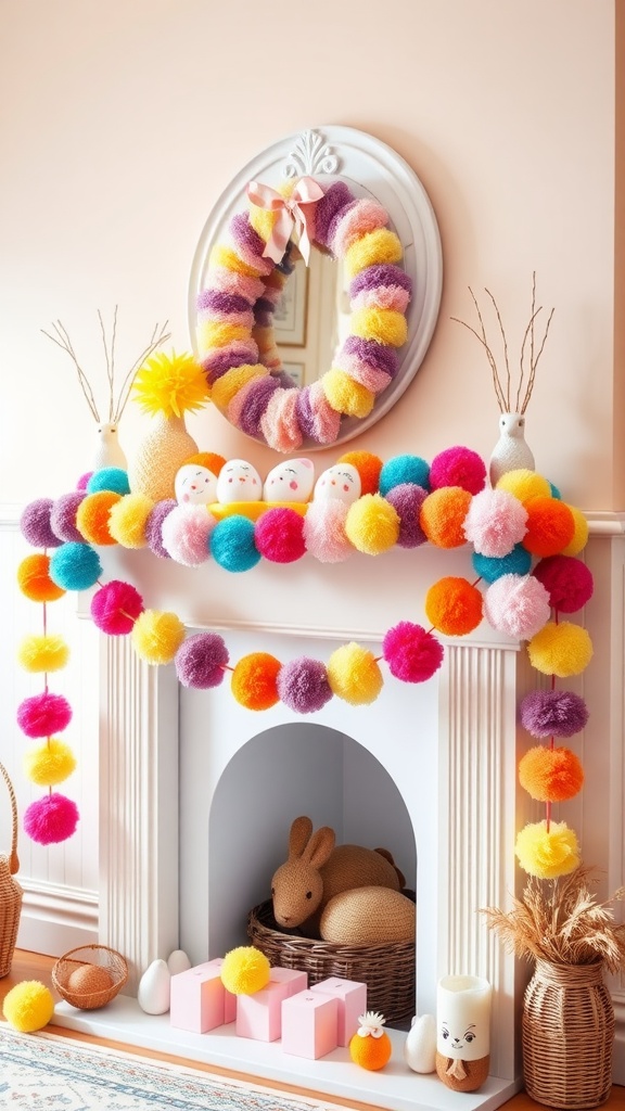 Colorful pom-pom garland and wreath on a mantel for Easter decor.