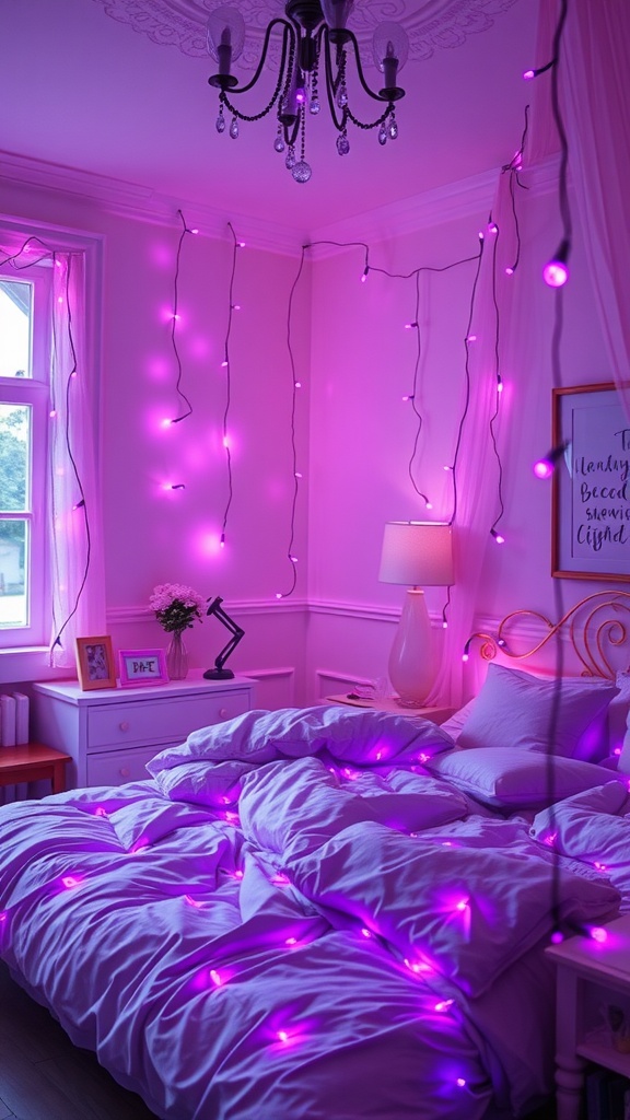 A cozy purple bedroom with fairy lights adorning the walls, creating a warm and inviting atmosphere.