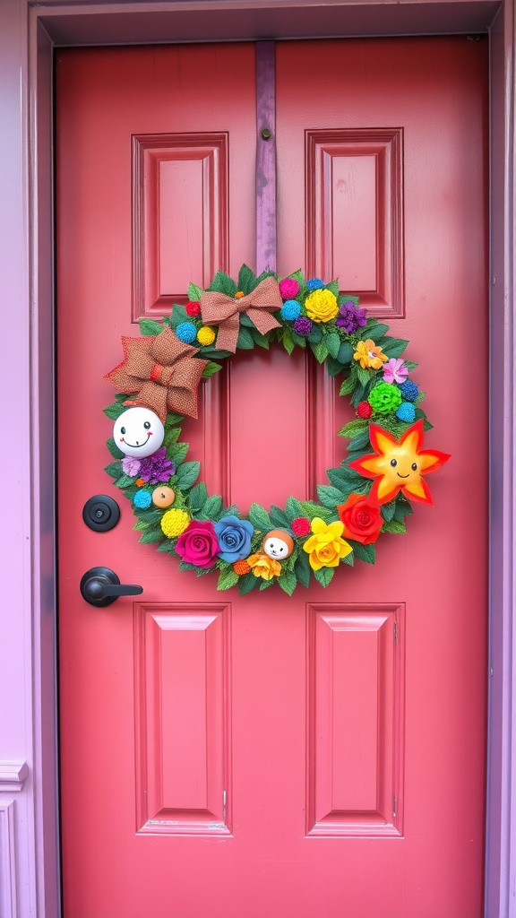 A vibrant rainbow wreath with colorful flowers and a smiling sun, hung on a pink door.