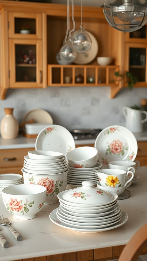 A collection of beautifully arranged whimsical spring-themed dishware, featuring floral patterns and a variety of bowls and plates.