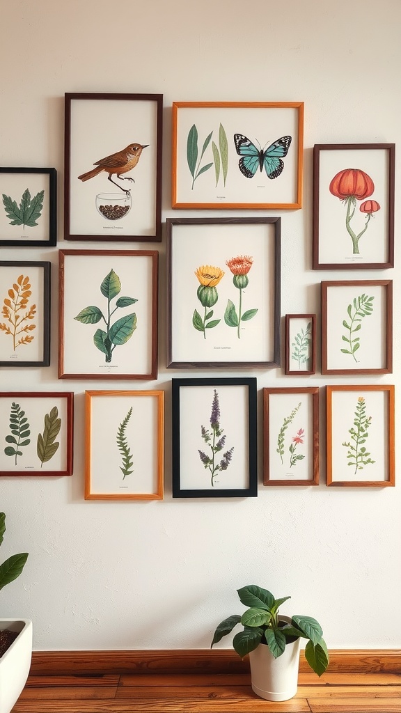 An artistic display of framed botanical illustrations and a bird, showcasing a whimsical wall art collection.