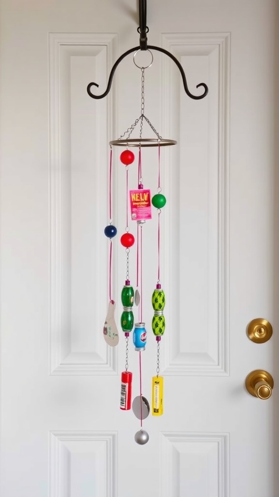 Colorful wind chime hanging on a door with various decorative items