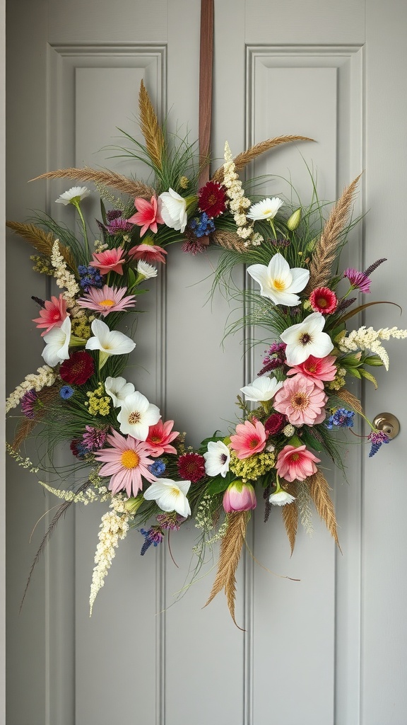 A colorful wildflower and grass wreath hanging on a door, featuring pink and white flowers with green foliage.