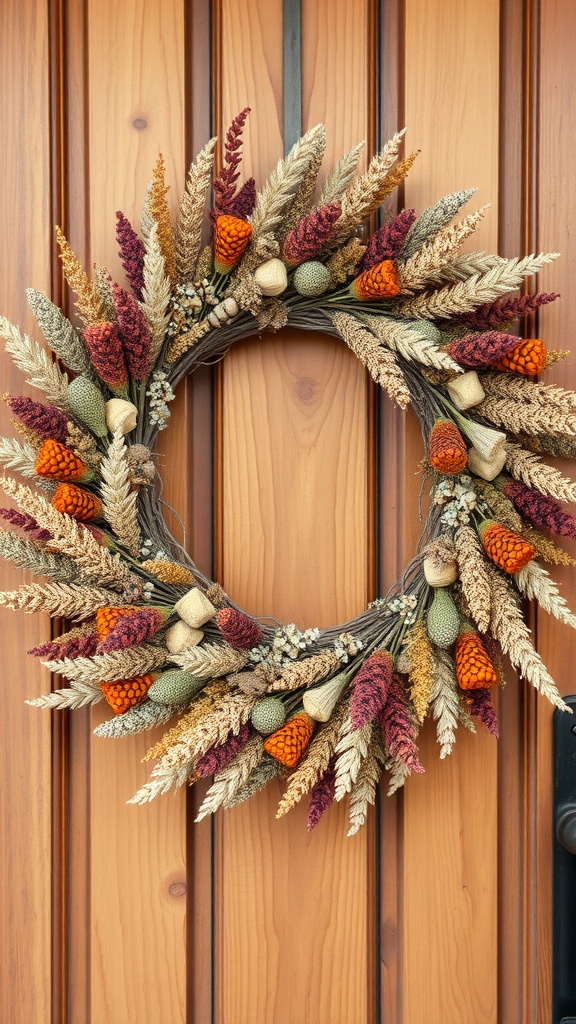 A beautiful wildflower dried wreath featuring vibrant colors and textures, hung on a wooden door.