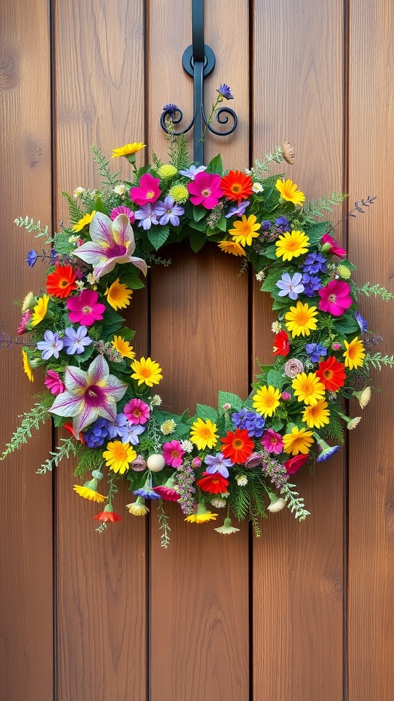 Bright and colorful wildflower meadow wreath hanging on a wooden door.