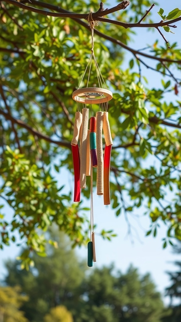 Colorful wind chime hanging from a tree branch surrounded by green leaves