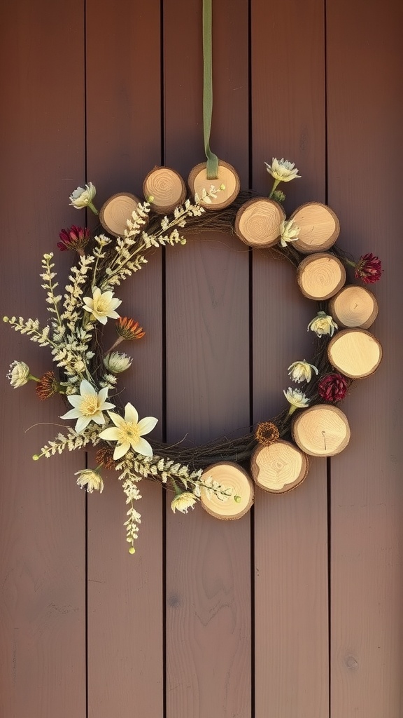 A wood slice wreath adorned with flowers and greenery hanging on a brown wooden door.