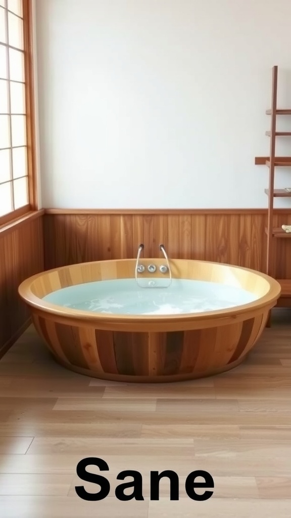 A wooden bathtub in a serene Japanese bathroom setting