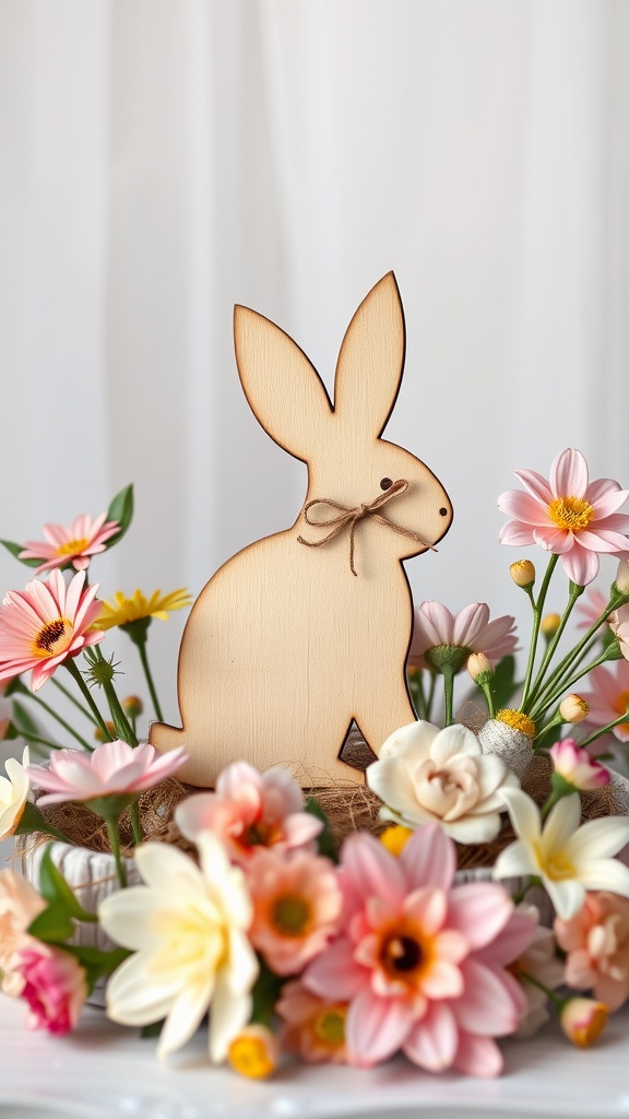 Wooden bunny silhouette decor surrounded by colorful flowers