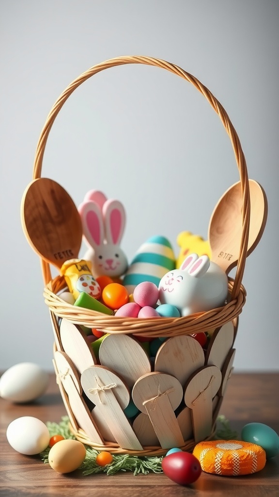 A decorative Easter basket made with wooden spoon handles, filled with colorful eggs and bunny figures.