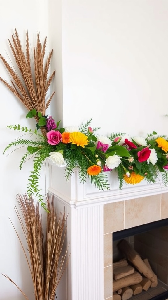 A mantel decorated with a woven grass and flower garland in vibrant colors