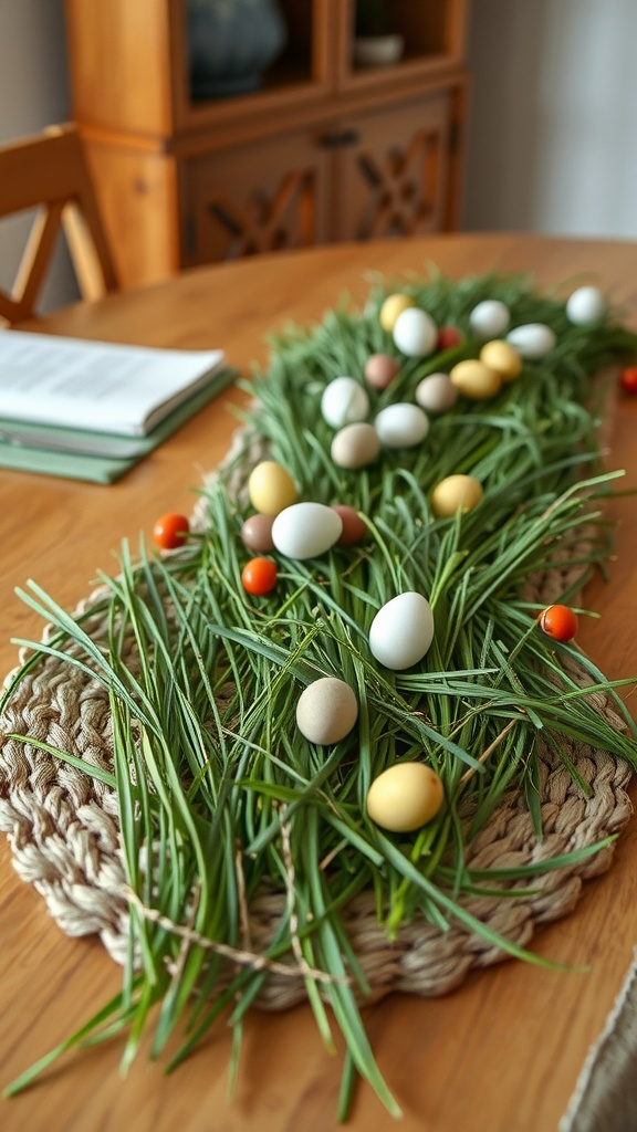 A table runner made of woven grass topped with decorative eggs, placed on a wooden table.