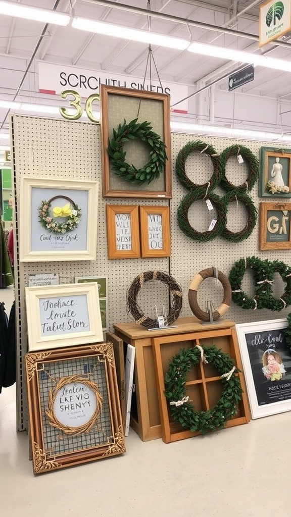 Display of various wreath frame options at Dollar Tree for Easter DIY projects