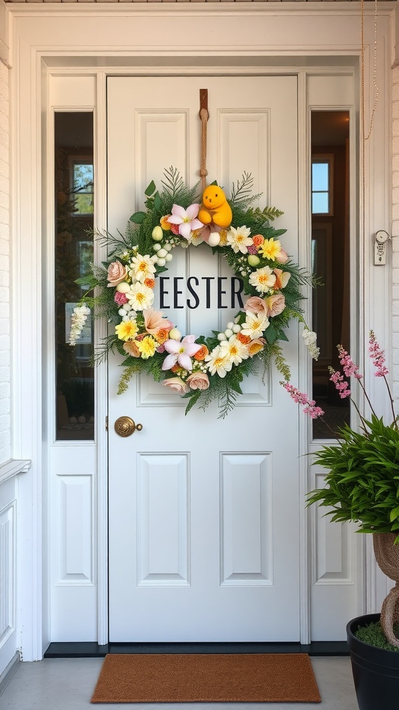 A colorful Easter wreath with flowers and a yellow chick on a front door