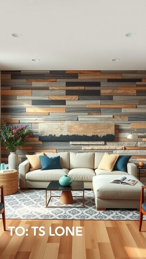 Living room with an accent wall made of wooden panels, featuring a light sofa and colorful cushions