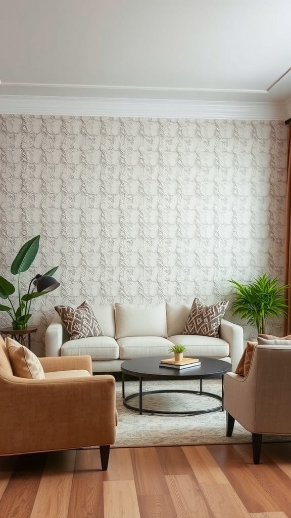 A stylish living room featuring a textured accent wall, a light sofa, two armchairs, and indoor plants.