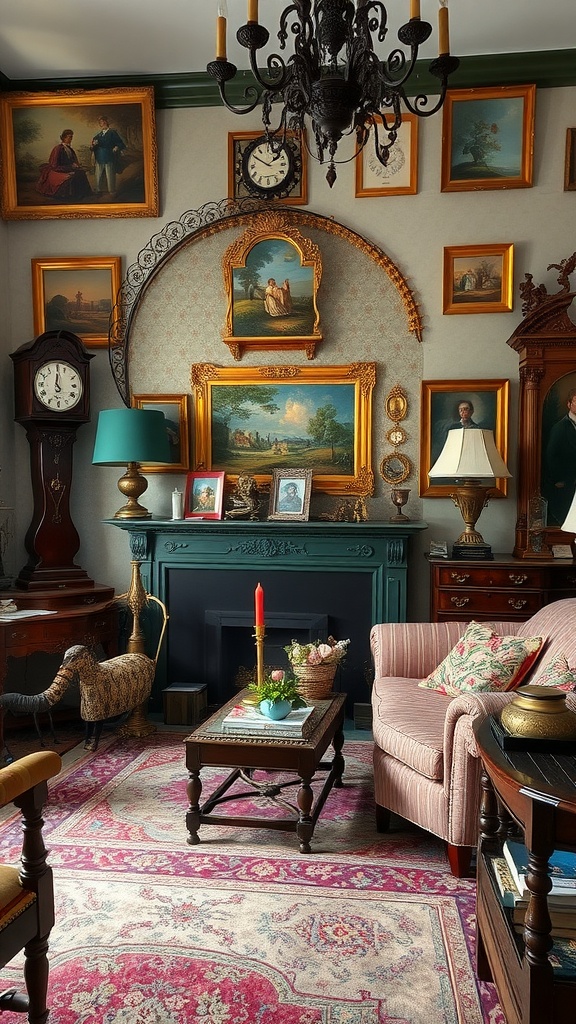 Antique living room with vintage decor, including paintings, a chandelier, and classic furniture