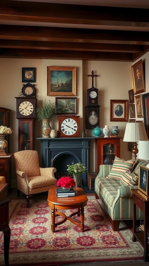 A cozy living room with antique decor, featuring vintage clocks, artwork, and classic furniture.