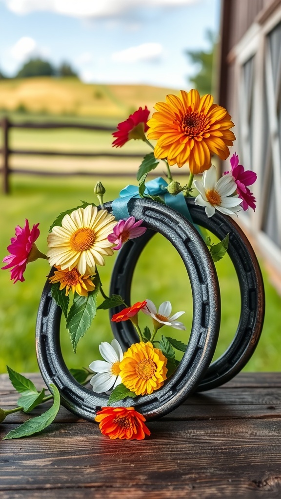 Antique horseshoes decorated with fresh flowers, placed on a rustic wooden surface.