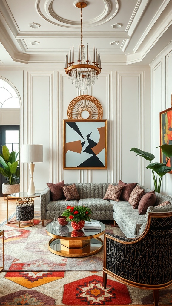 An elegant living room featuring Art Deco style with a striped sectional sofa, chandelier, and vibrant area rug.