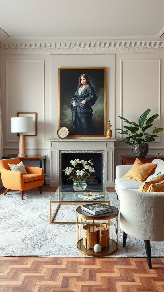 Elegant living room with a large painting above a fireplace, featuring orange and white furniture, decorative vases, and a stylish coffee table.