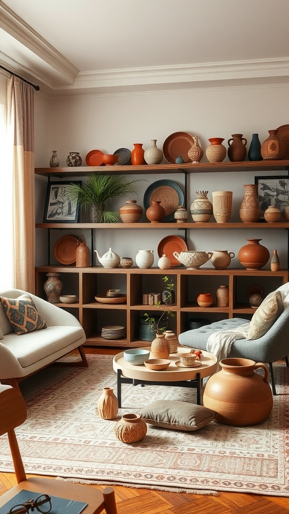 A cozy living room featuring various pieces of artisan pottery and ceramics displayed on wooden shelves.