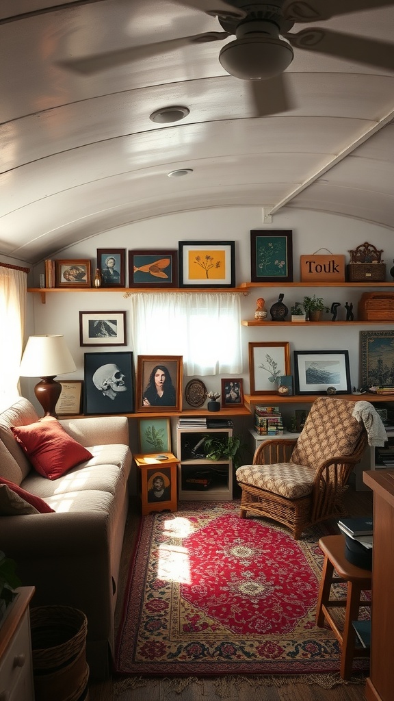 A cozy trailer house living room featuring a couch, armchair, and a wall of framed art.