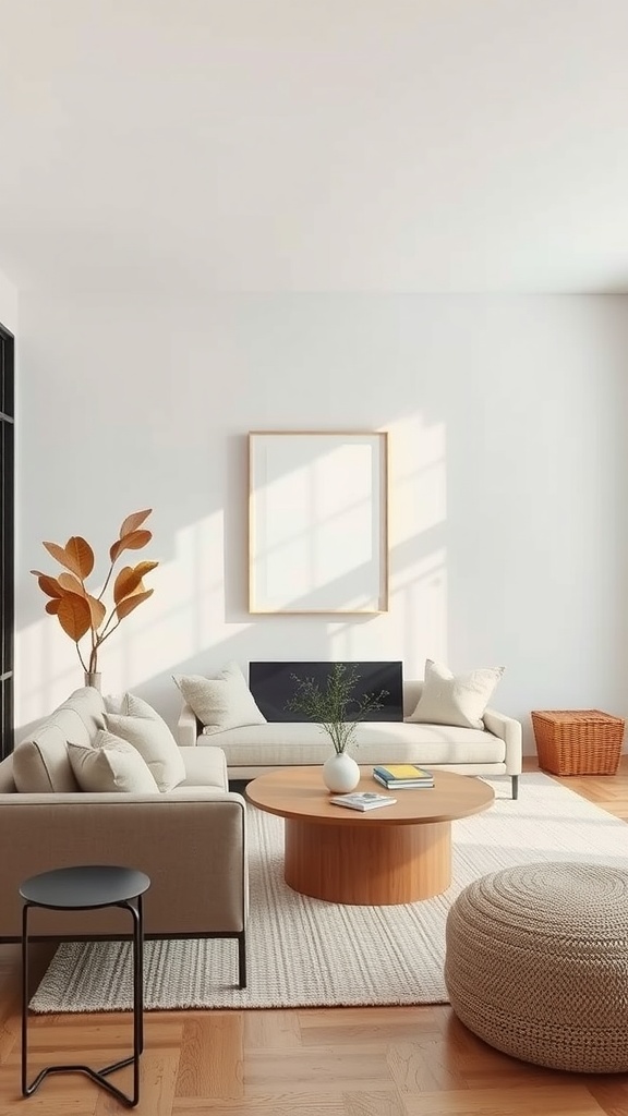 A modern living room featuring light-colored furniture, a round wooden coffee table, and a cozy atmosphere.