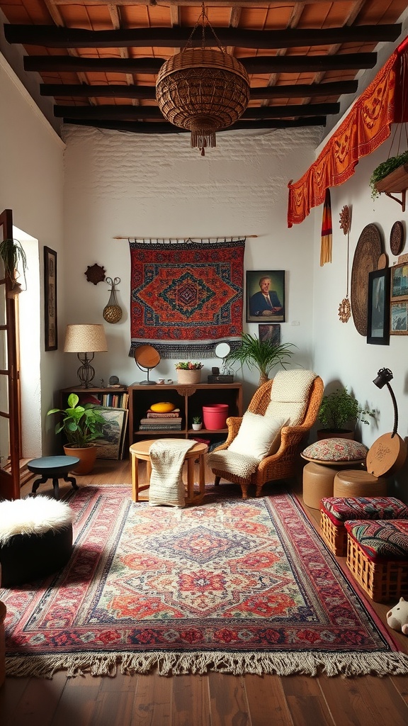 A cozy bohemian-style room featuring rich textiles, intricate patterns, and natural materials.